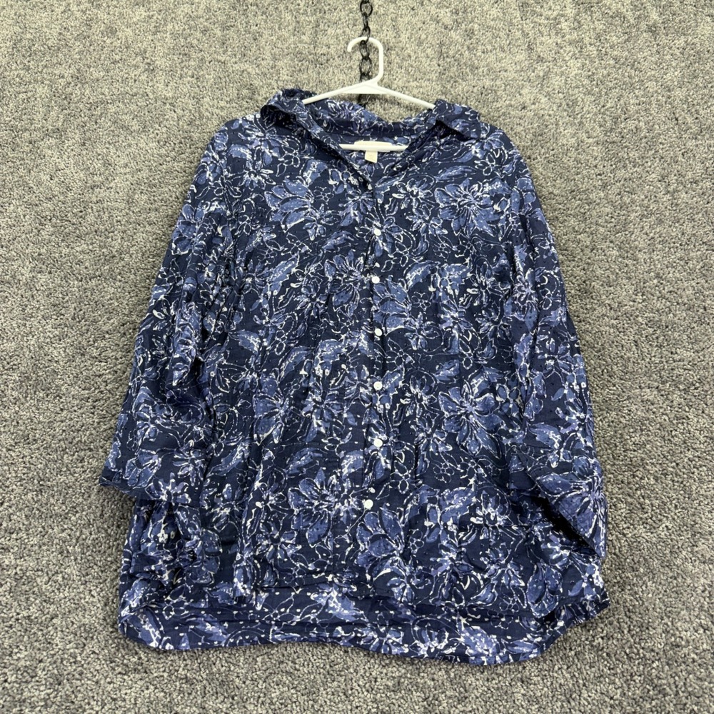 Coldwater Creek Button Down Shirt Womens 1X Blue Floral Cotton Eyelet